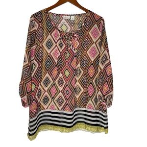 Kim Rogers Pink and Brown Elastic Sleeve Tunic Size XL